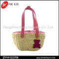 hot sale small soft straw bag with pink bear beach bag for kids